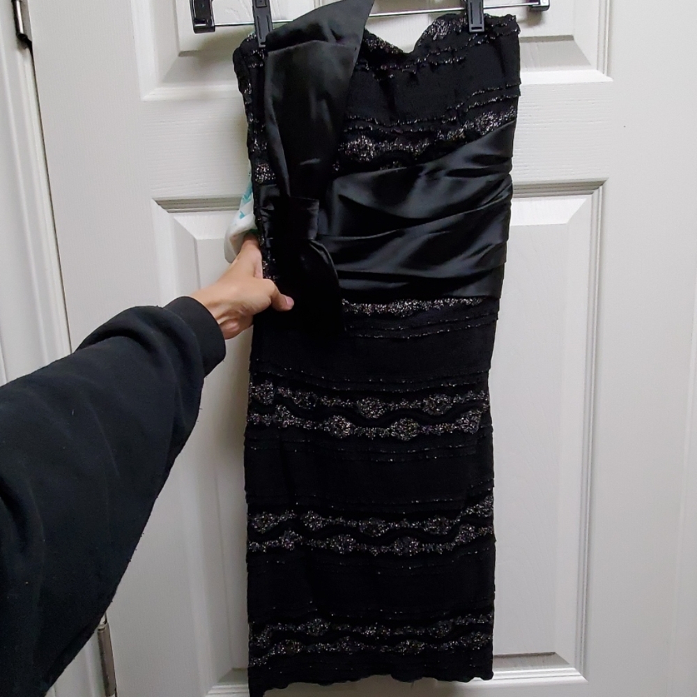 Black and silver strapless dress